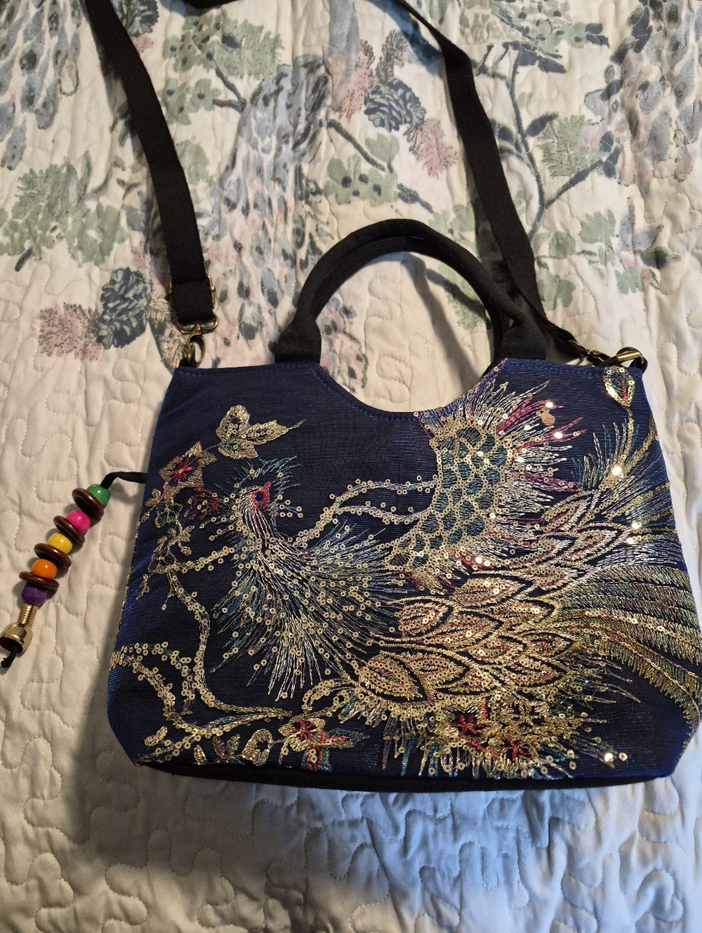 "Ella And Elly" Dark Blue Peacock Sequined Embroidered Tote Shoulder Bag - Picture 6 of 12